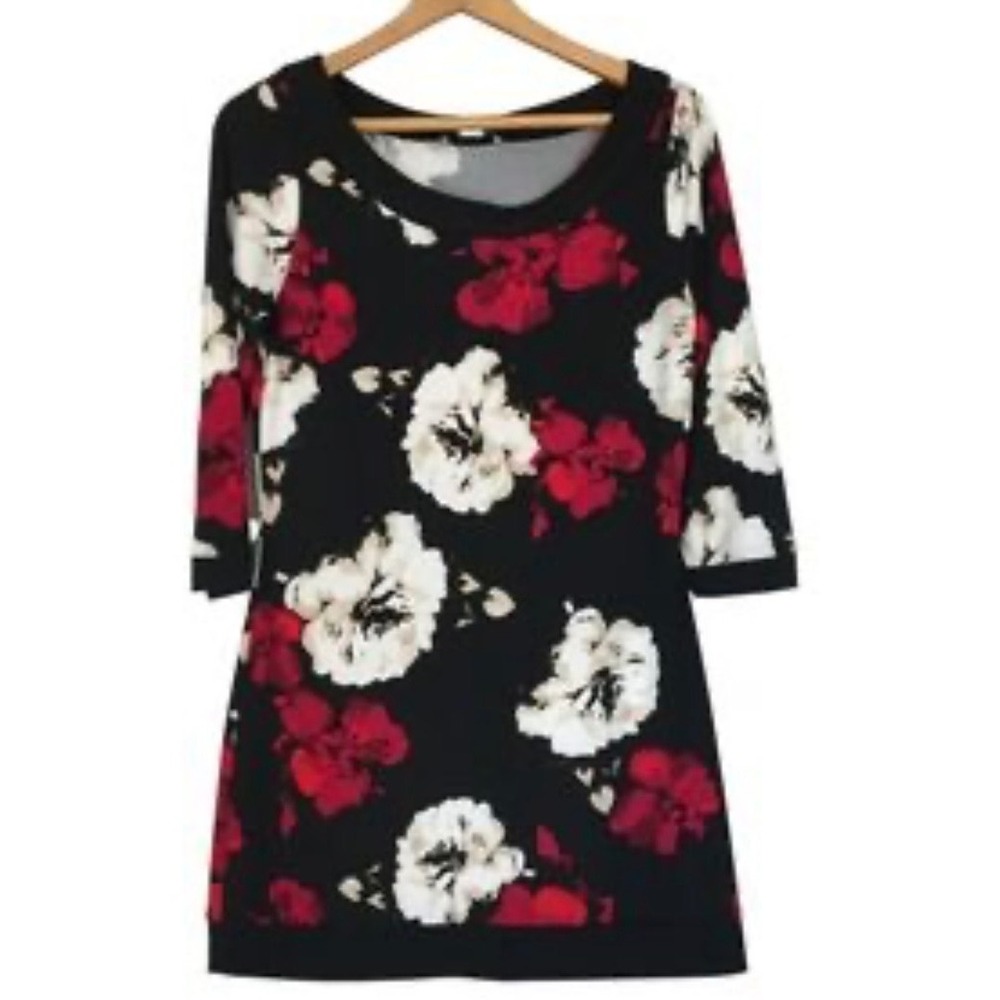 White House Black Market Floral Tunic Dress Red Black White 3/4 Sleeve Small